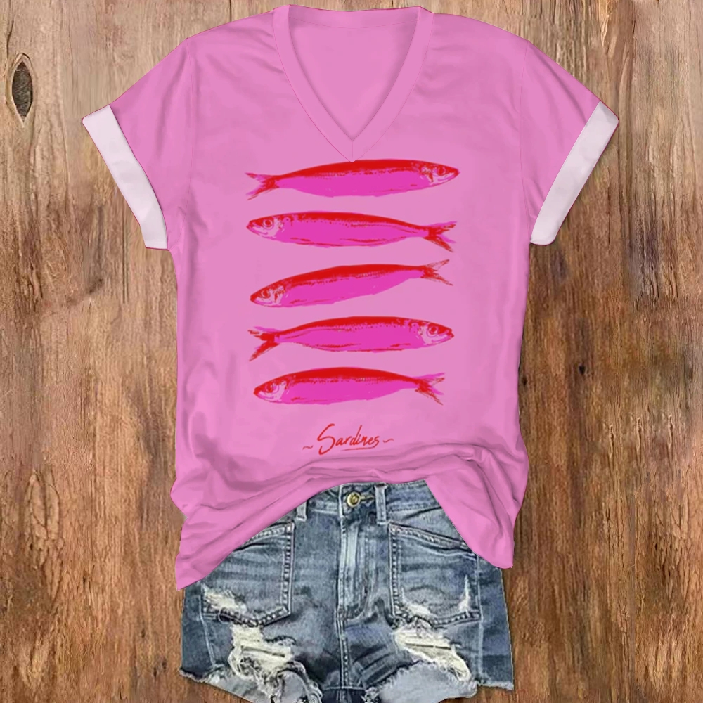 Women Sardine Print V-Neck T-Shirt