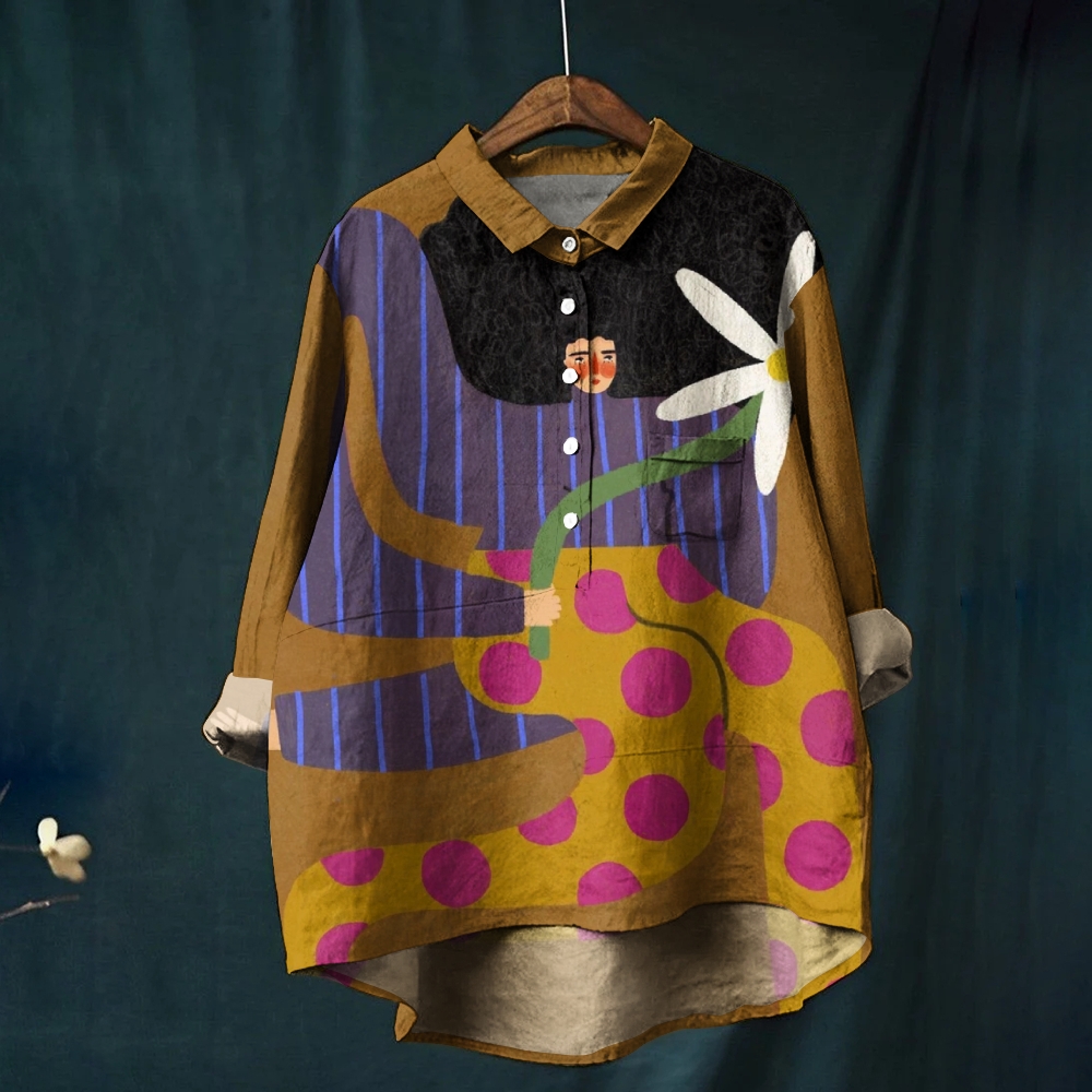 Women's Abstract Geometric Art Portrait Printed Casual Shirt