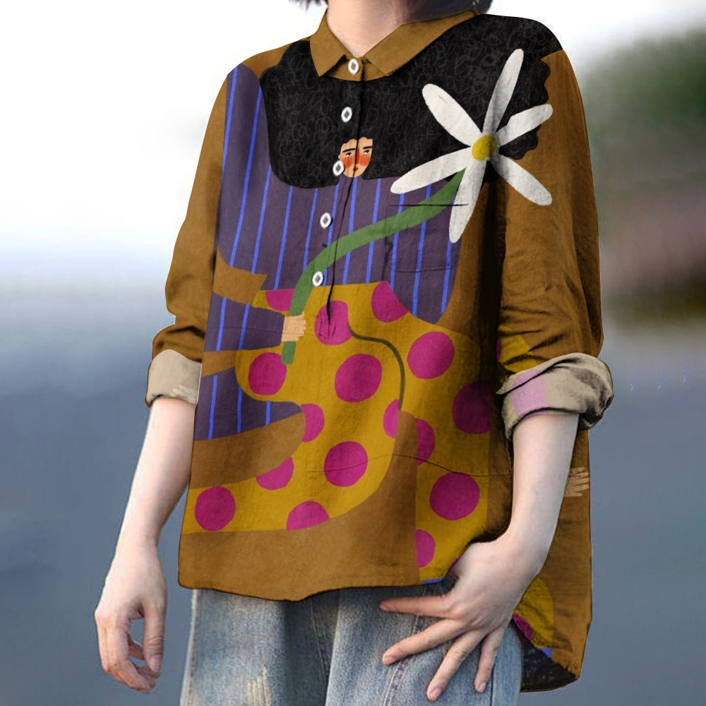 Women's Abstract Geometric Art Portrait Printed Casual Shirt
