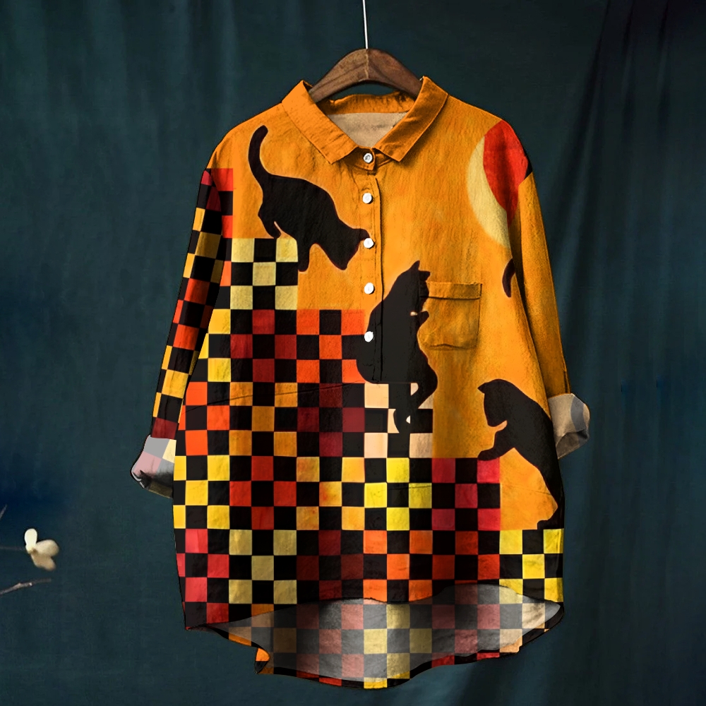Women's Colorful Geometric Cat Printed Casual Shirt
