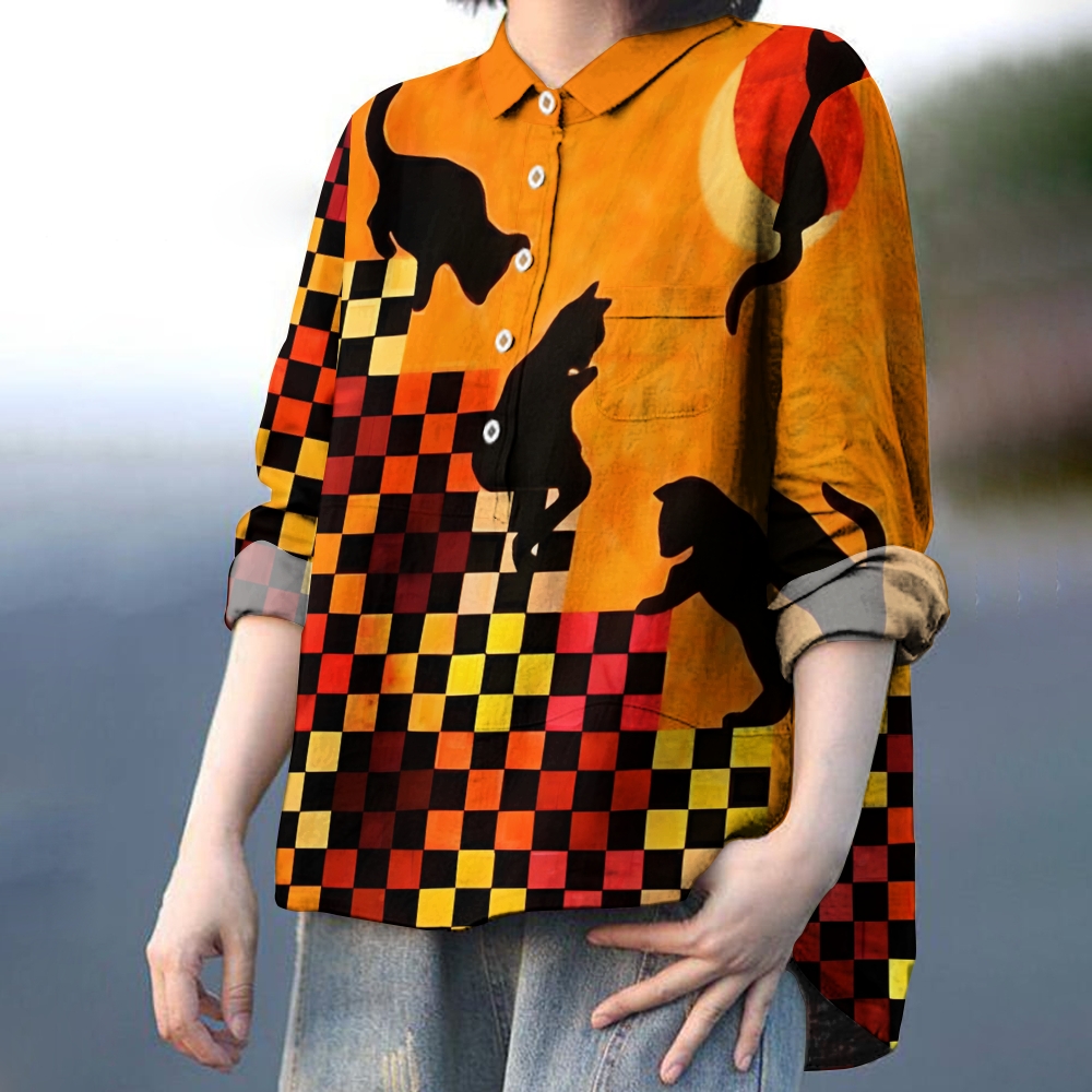 Women's Colorful Geometric Cat Printed Casual Shirt
