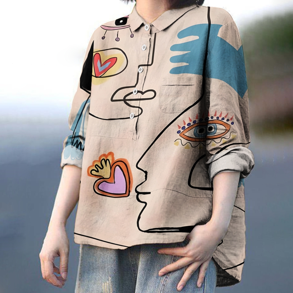 Women's Abstract Art Face Printed Casual Shirt