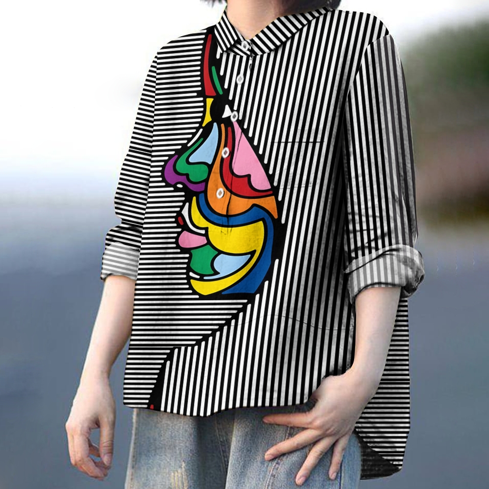 Women's Striped Geometric Face Printed Casual Shirt