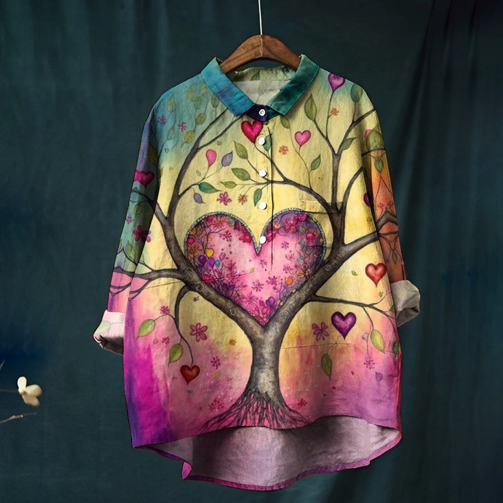 Women's Pink Heart Tree Printed Casual Shirt