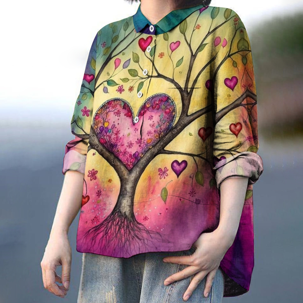 Women's Pink Heart Tree Printed Casual Shirt