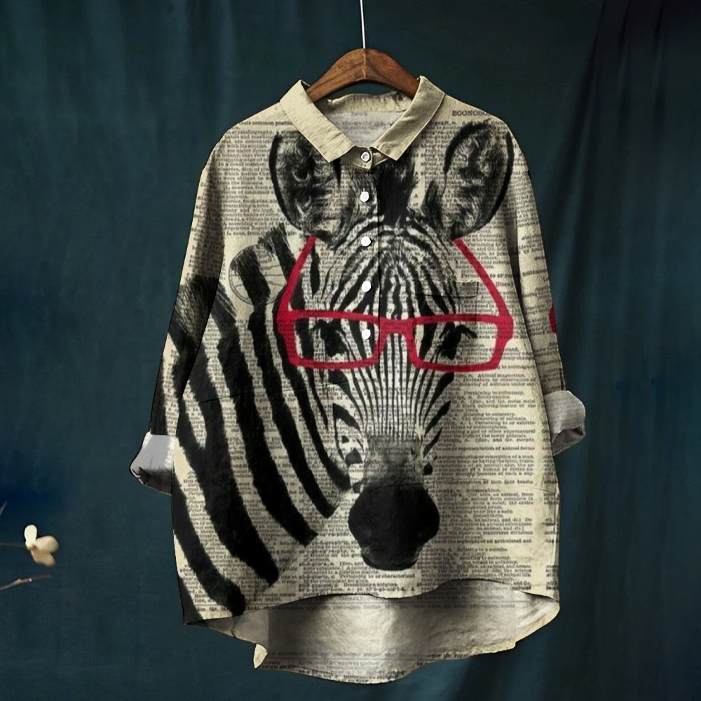 Women's Red Glasses Zebra Printed Casual Shirt