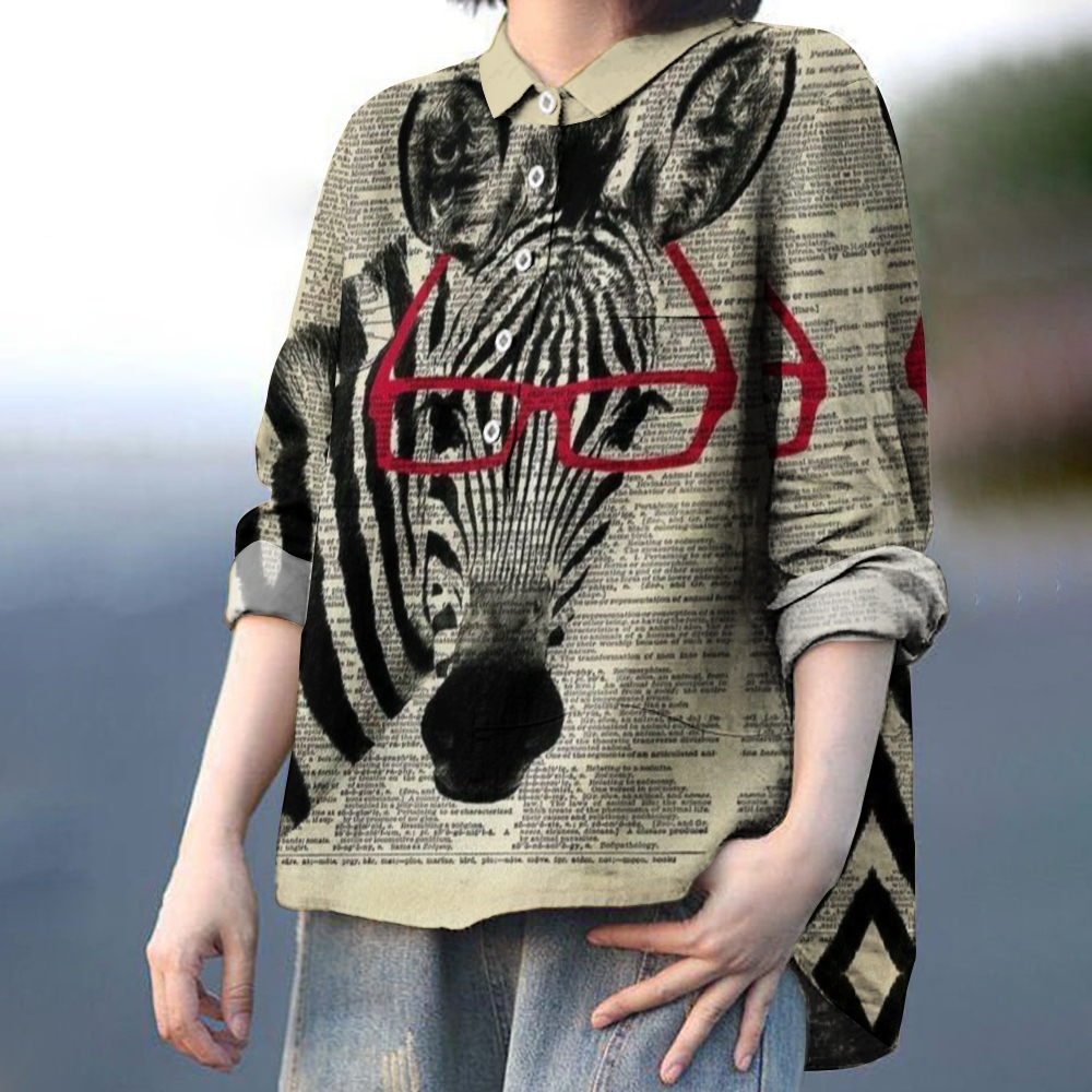 Women's Red Glasses Zebra Printed Casual Shirt