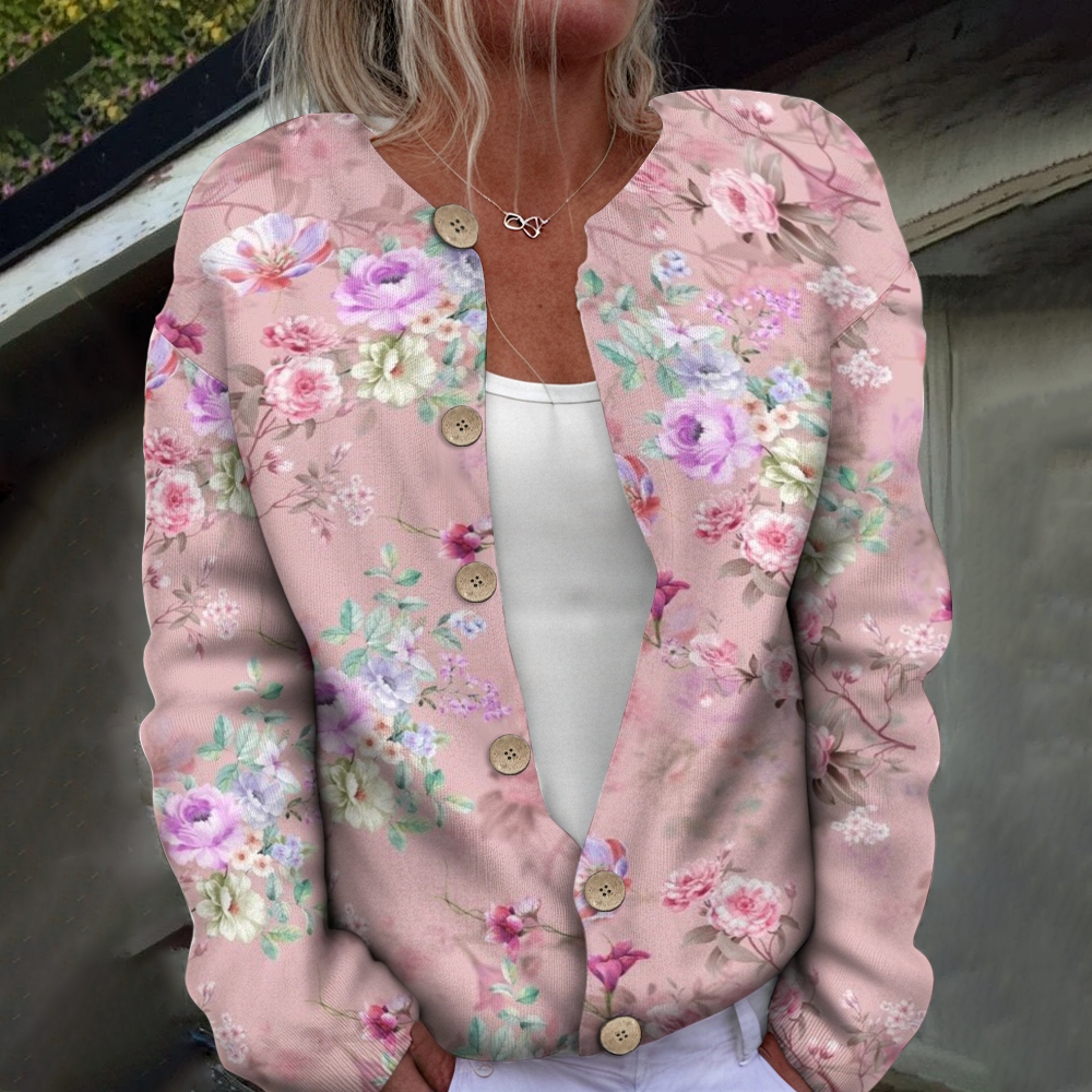 Pink Background with Small Flowers and Decorative Patterns Buttoned Cardigan Sweater