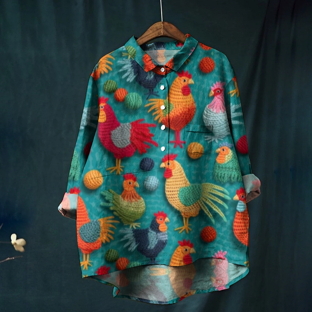 Women's Rooster Printed Cotton And Linen Shirt