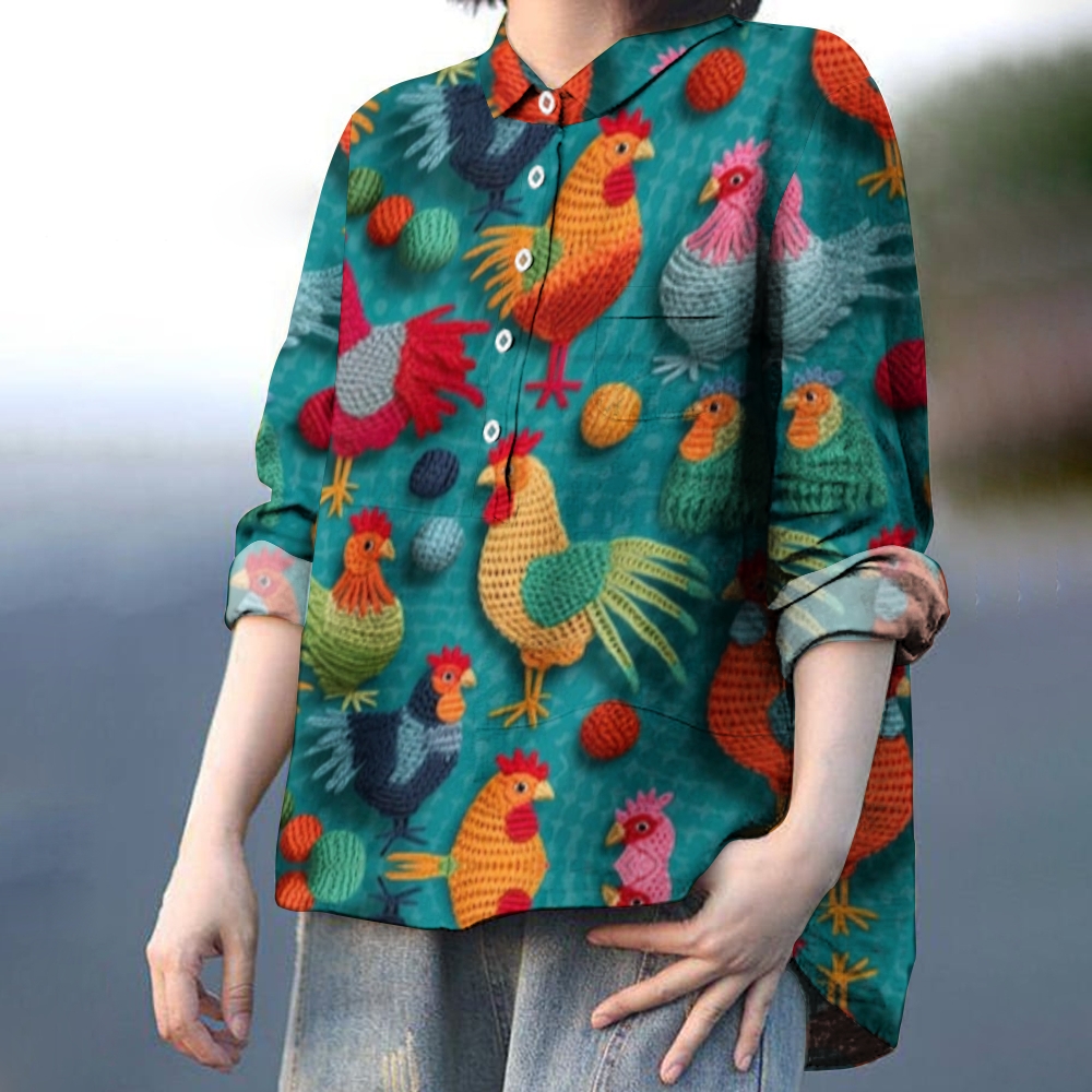 Women's Rooster Printed Cotton And Linen Shirt