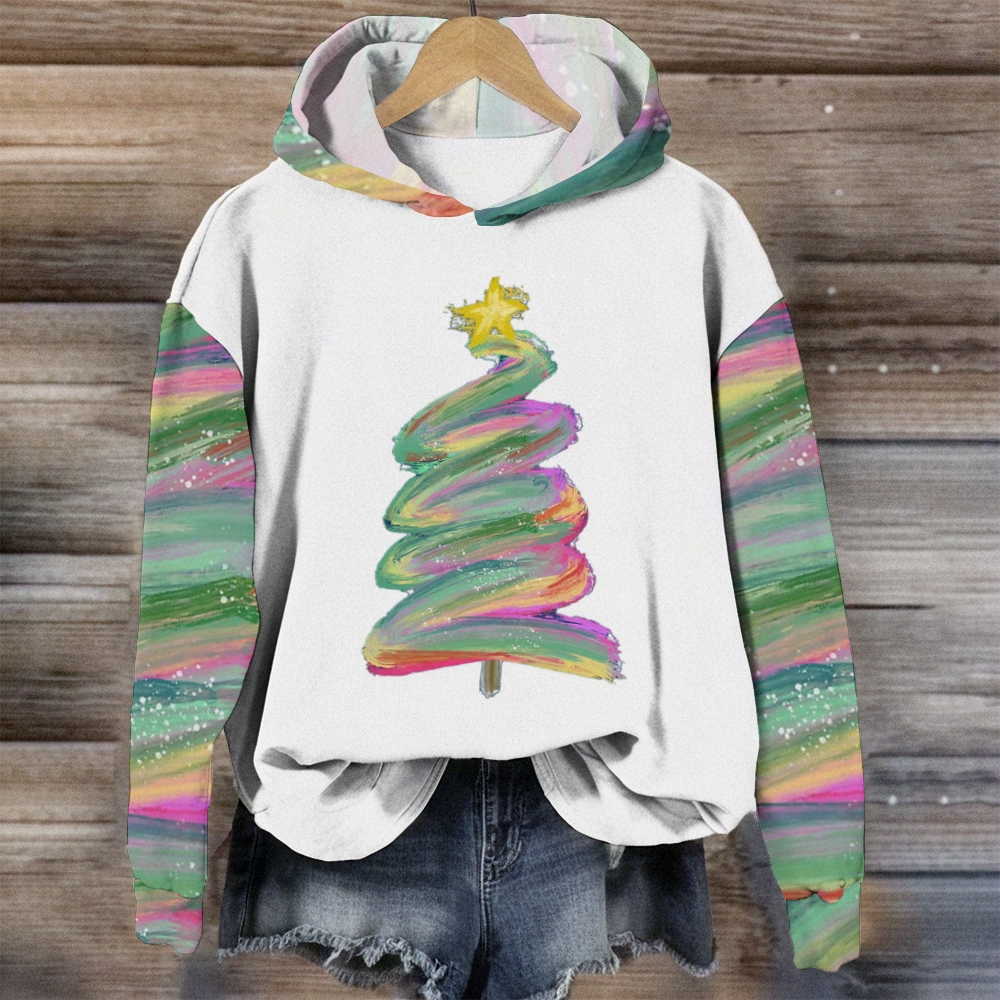 Women's Oil Painting Christmas Tree Print Hoodie