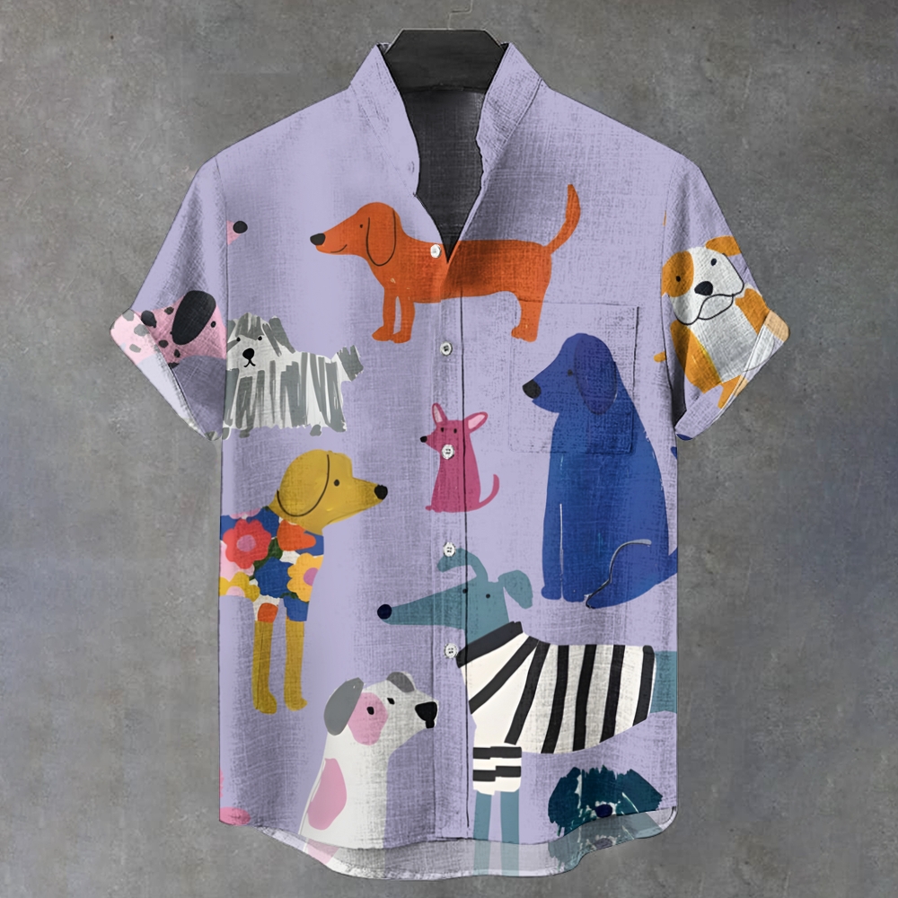 Men's Stand Collar Printed Short Sleeve Shirt