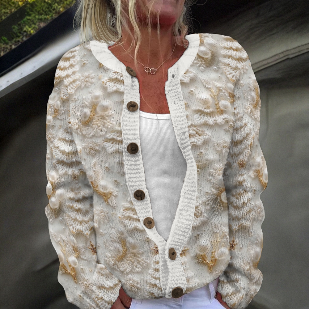 Women's Lovely Christmas Tree Art Print Buttoned Cardigan Sweater