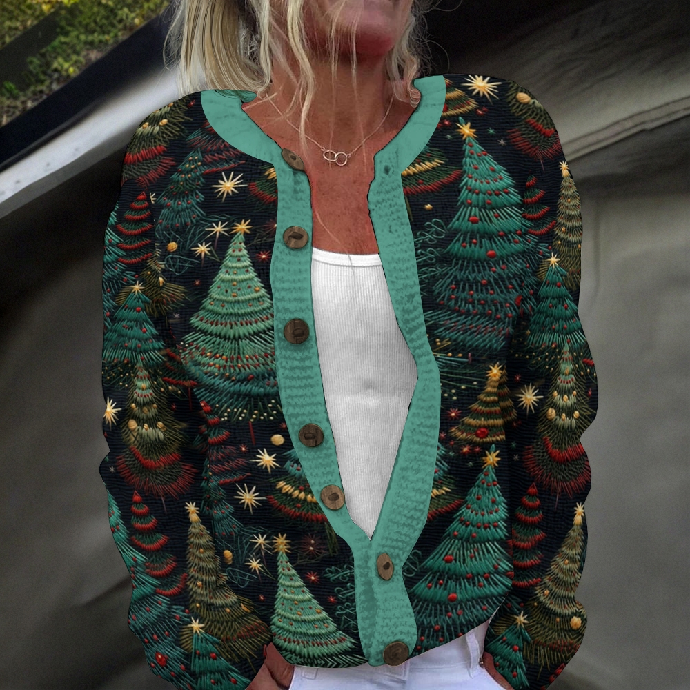 Women's Lovely Christmas Tree Art Print Buttoned Cardigan Sweater