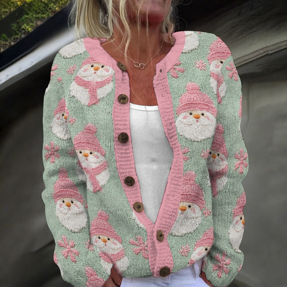 Women's Lovely Christmas Santa Snow Art Print Buttoned Cardigan Sweater