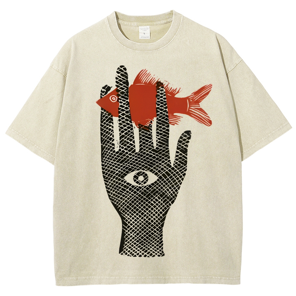 Unisex Artistic Eyes Hand Fish Printed Washed Tee