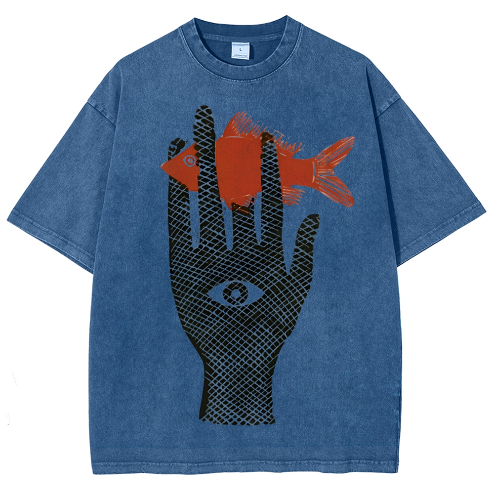 Unisex Artistic Eyes Hand Fish Printed Washed Tee