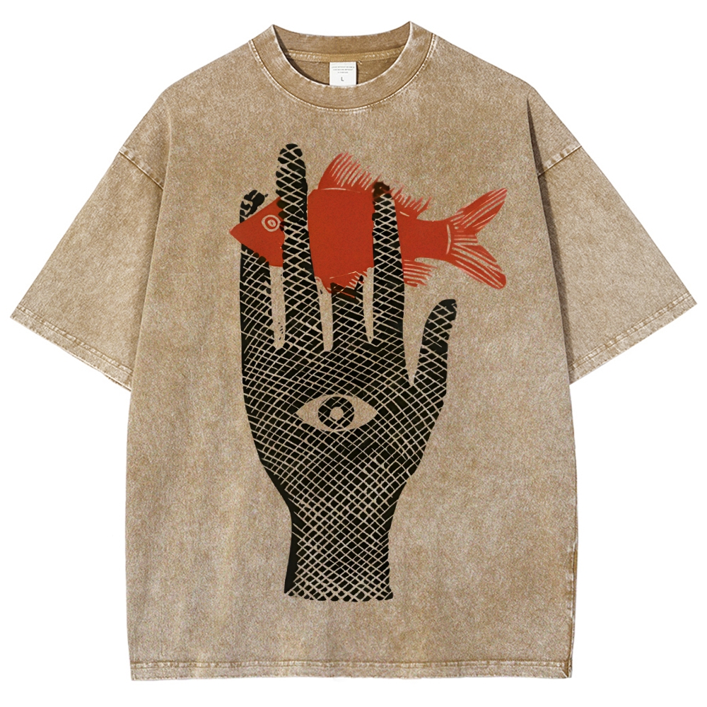 Unisex Artistic Eyes Hand Fish Printed Washed Tee