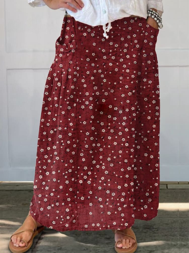 Women's  Flower Art Print  Linen Pocket Skirt