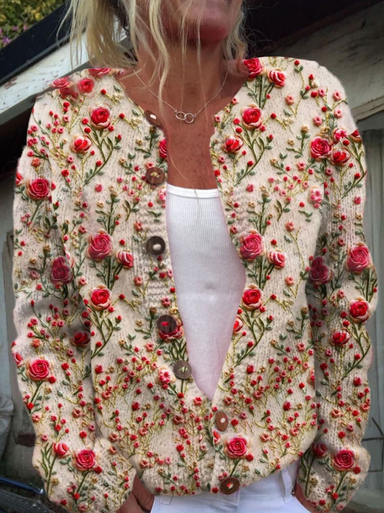 Floral Embroidery Art Print Buttoned Cardigan Sweater