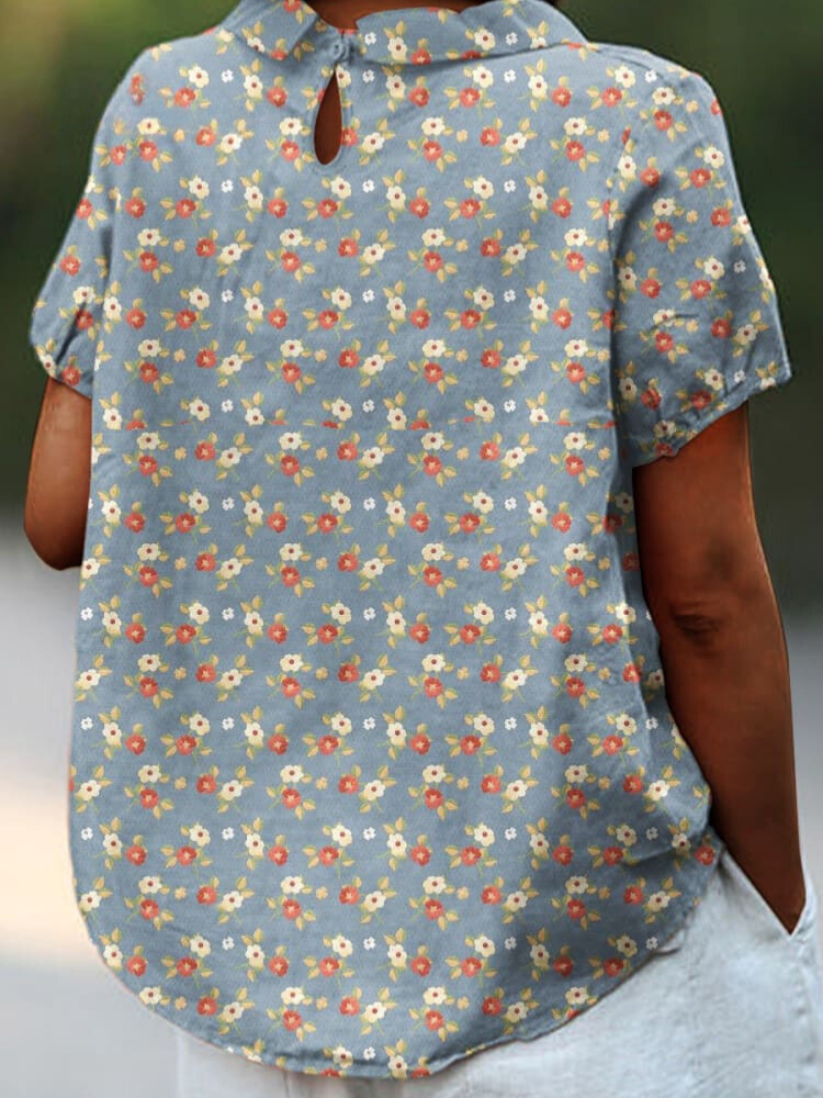 Women's  Retro  Flower Art Print Casual Cotton And Linen Shirt