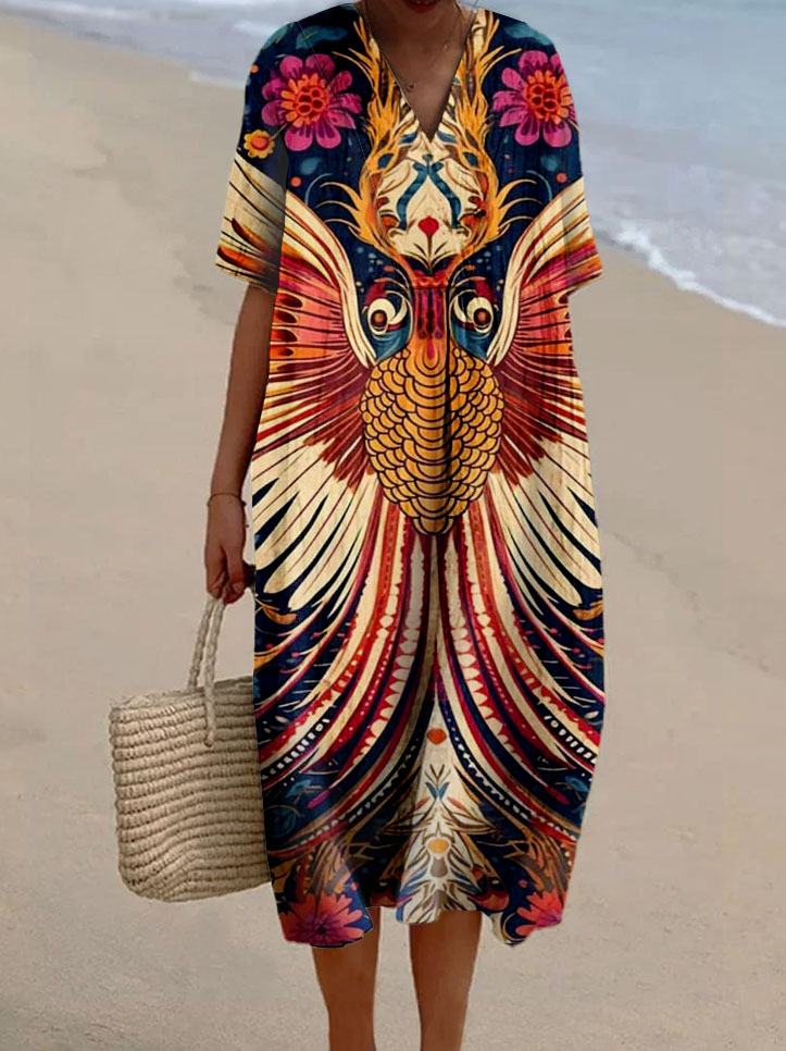 Women's Retro Abstract Colorblock Print Casual Cotton And Linen Dress