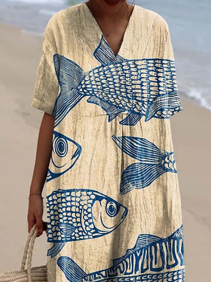 Women's Vintage Fish Sardines Art Print Flowy Shirt