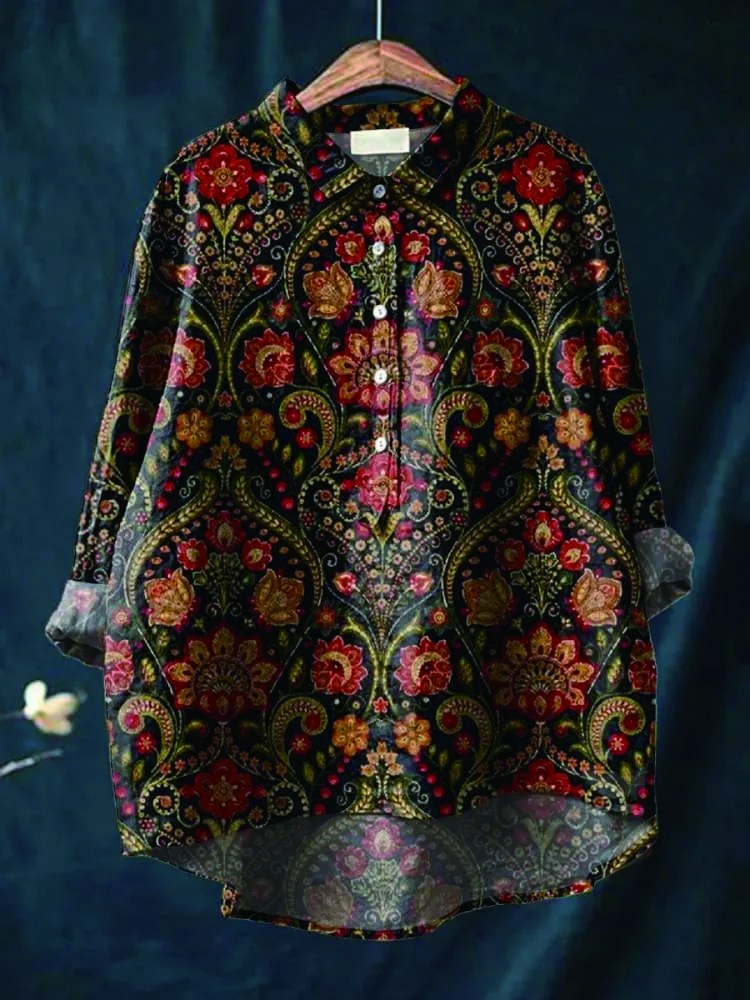 Women's Vintage Floral Print Casual Cotton And Linen Shirt