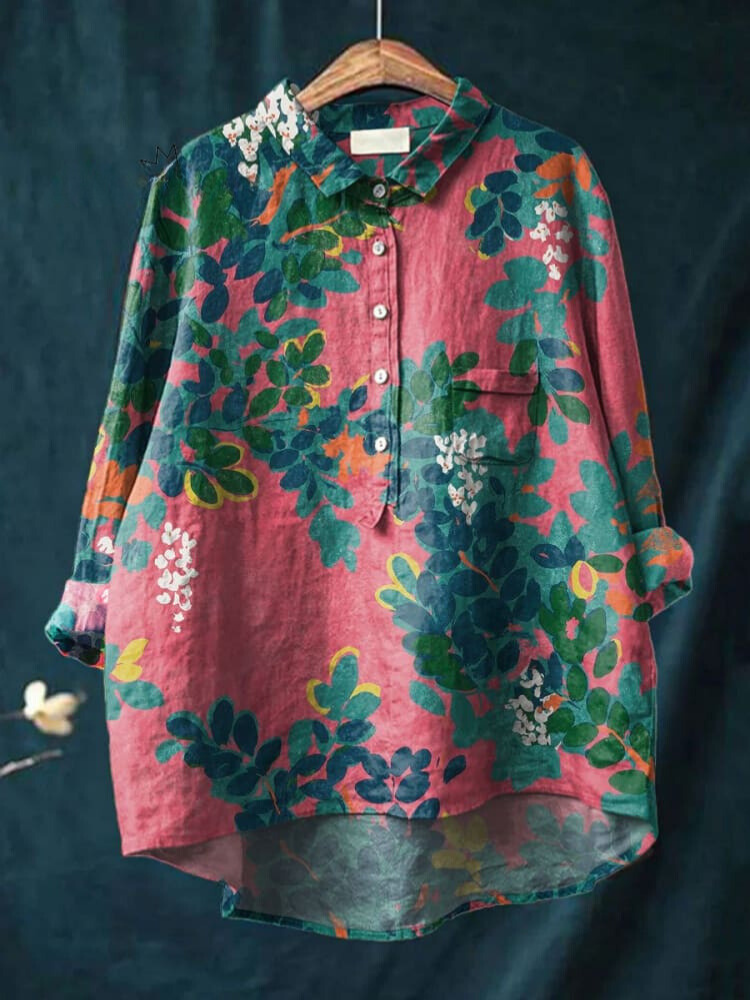 Women's Flower Print Casual Cotton And Linen Shirt