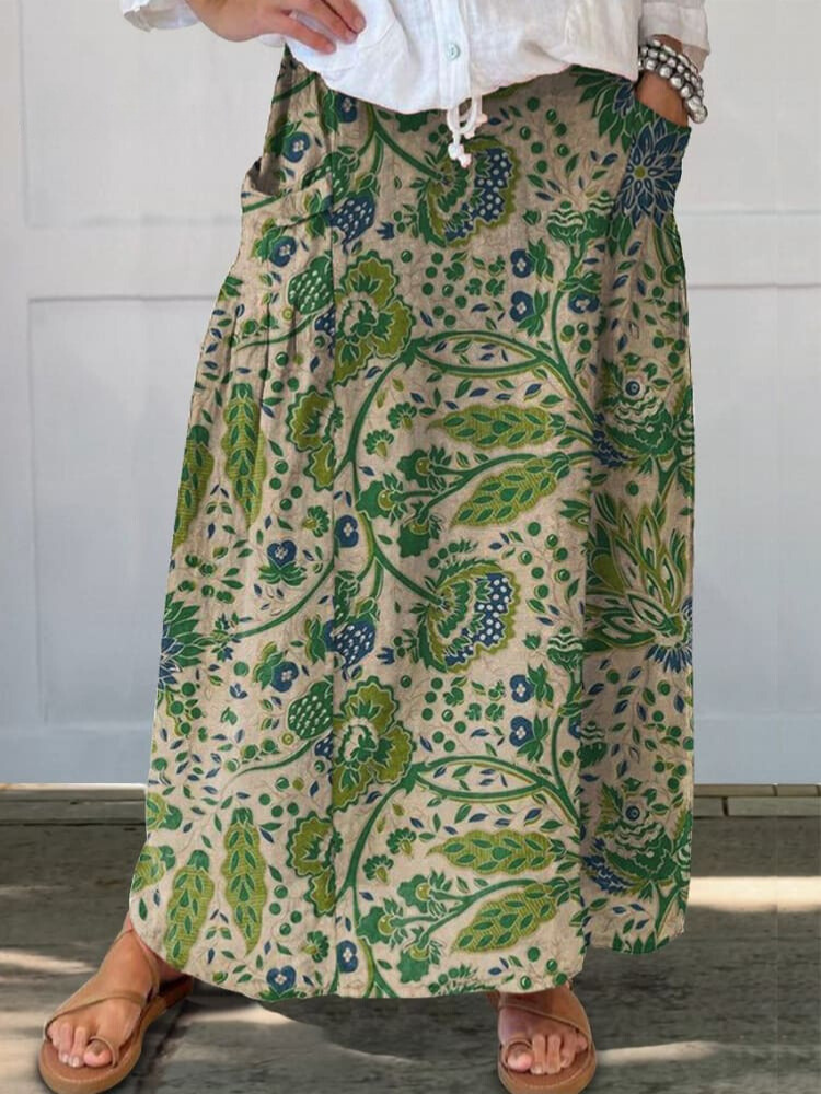 Women's Retro Flower Art  Print   Linen Pocket Skirt