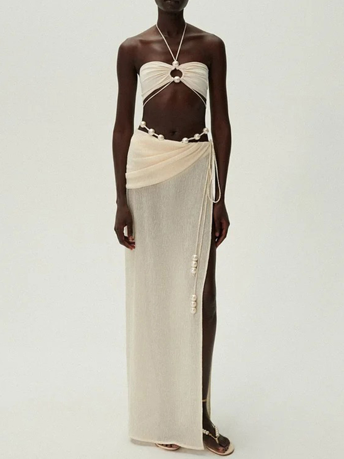 Halterneck Pearl Bandeau High Waist Bikini Swimsuit and Sarong