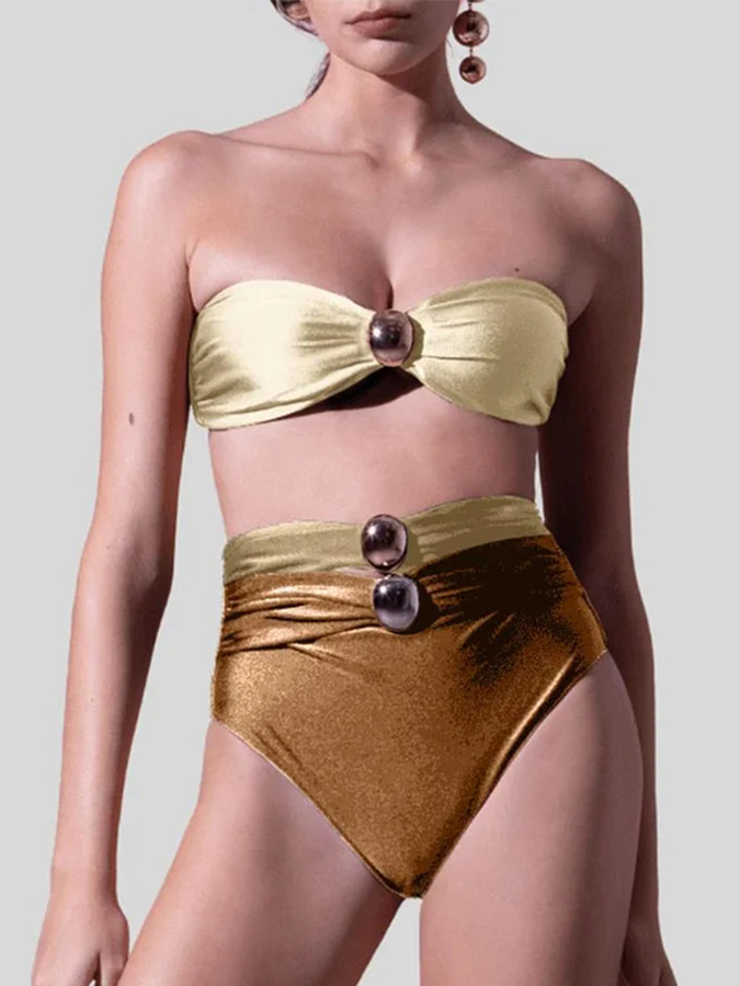 Sling Color Block Cutout High Waist Bikini Swimsuit And Skirt