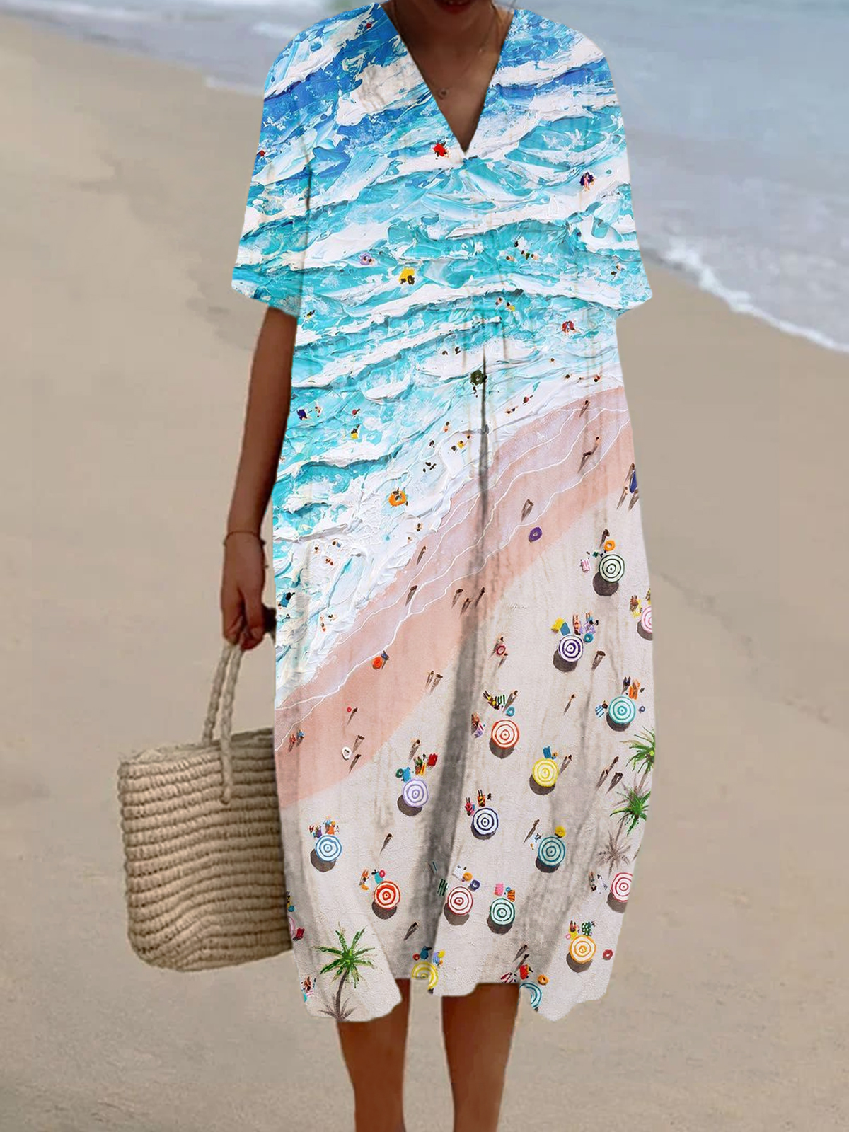 Women's Seaside Beach Print Casual Cotton And Linen Dress