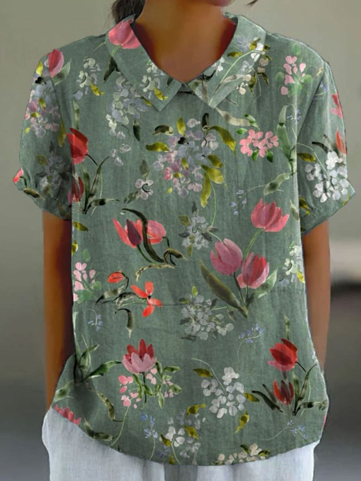 Women's Flower Print Casual Cotton And Linen Shirt