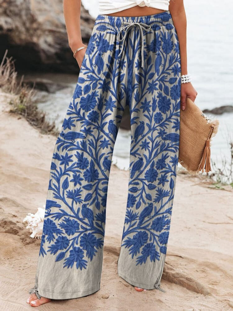 Women's Indian Art Floral Vintage Printed Cotton And Linen Casual Pants