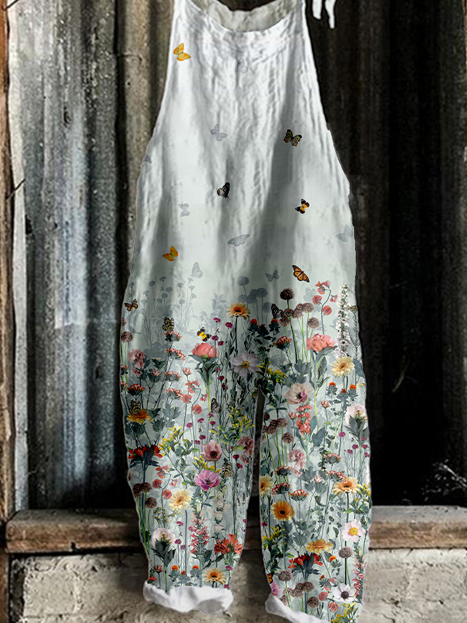 Women's Casual Floral Print Cotton and Linen Jumpsuit