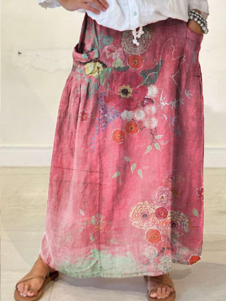 Women's Vintage Floral Print Casual Pocket Skirt