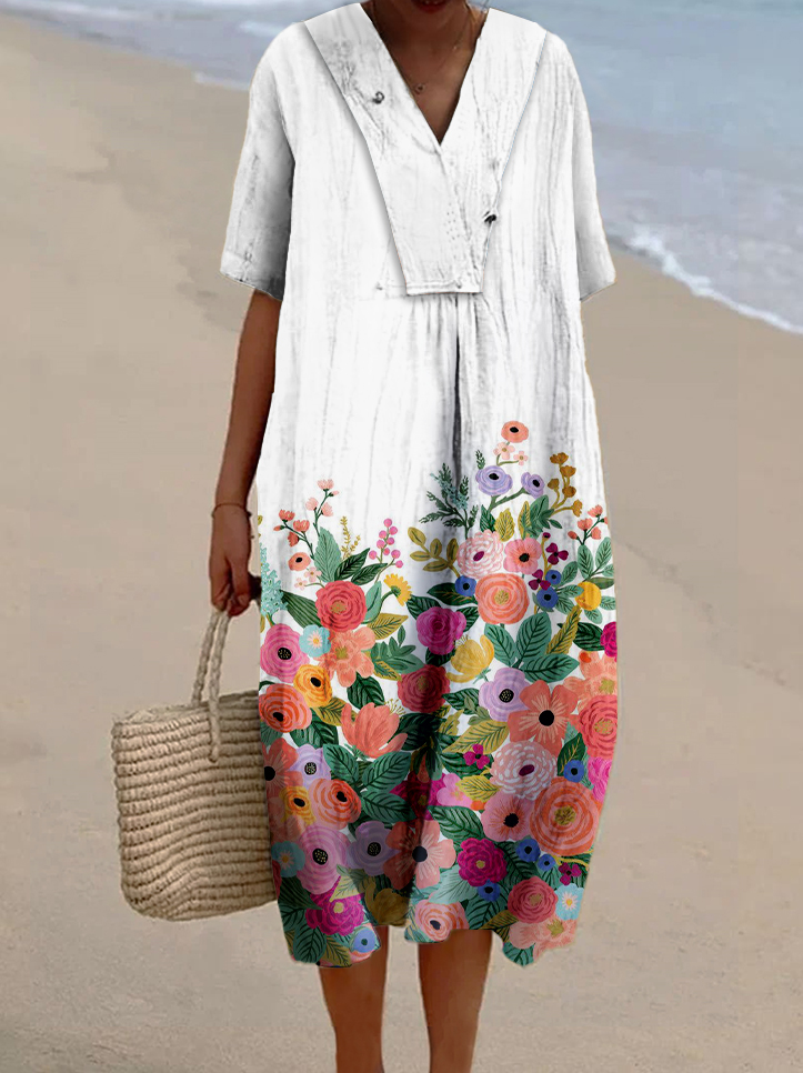 Women's Gradient Floral Print Casual Cotton And Linen Dress