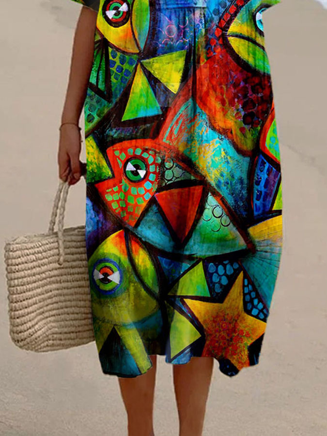 Women's Abstract Oil Painting Colorblock Fish Print Casual Cotton And Linen Dress