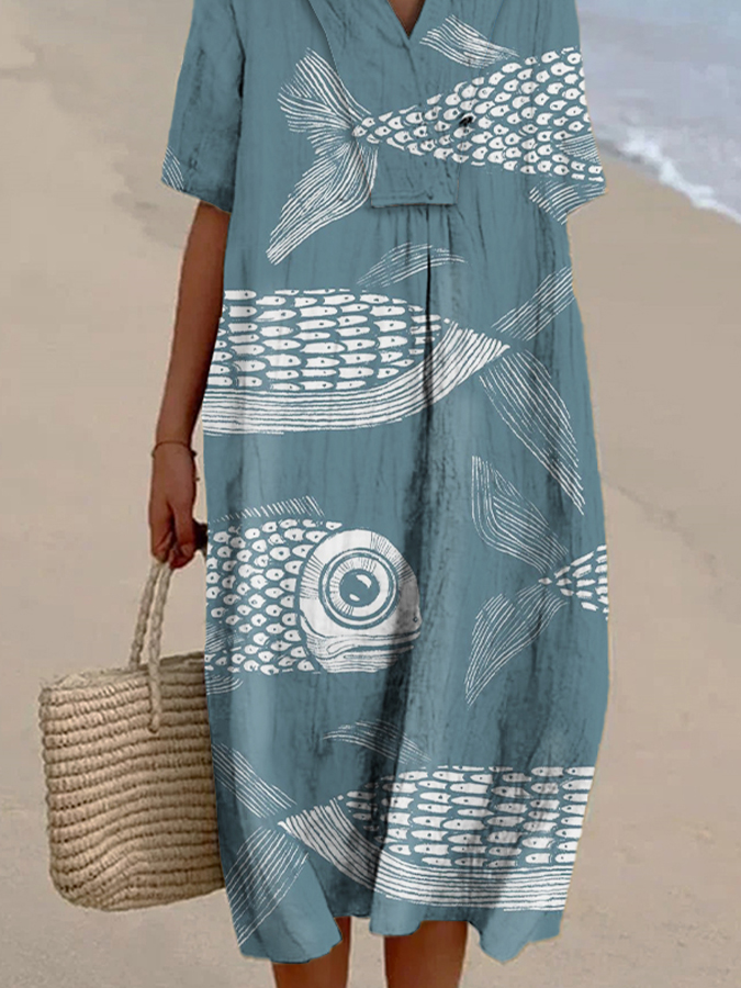 Women's Blue Fish Print Casual Cotton And Linen Dress