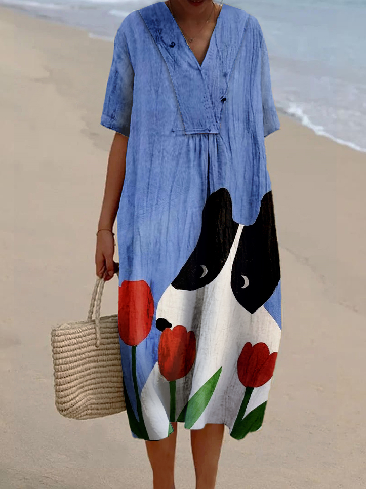 Women's Puppy Flower Colorblock Print Casual Cotton And Linen Dress
