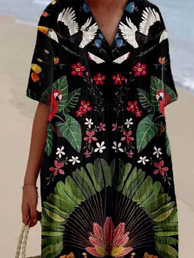 Women's Vintage Bird Abstract Print Casual Cotton And Linen Dress