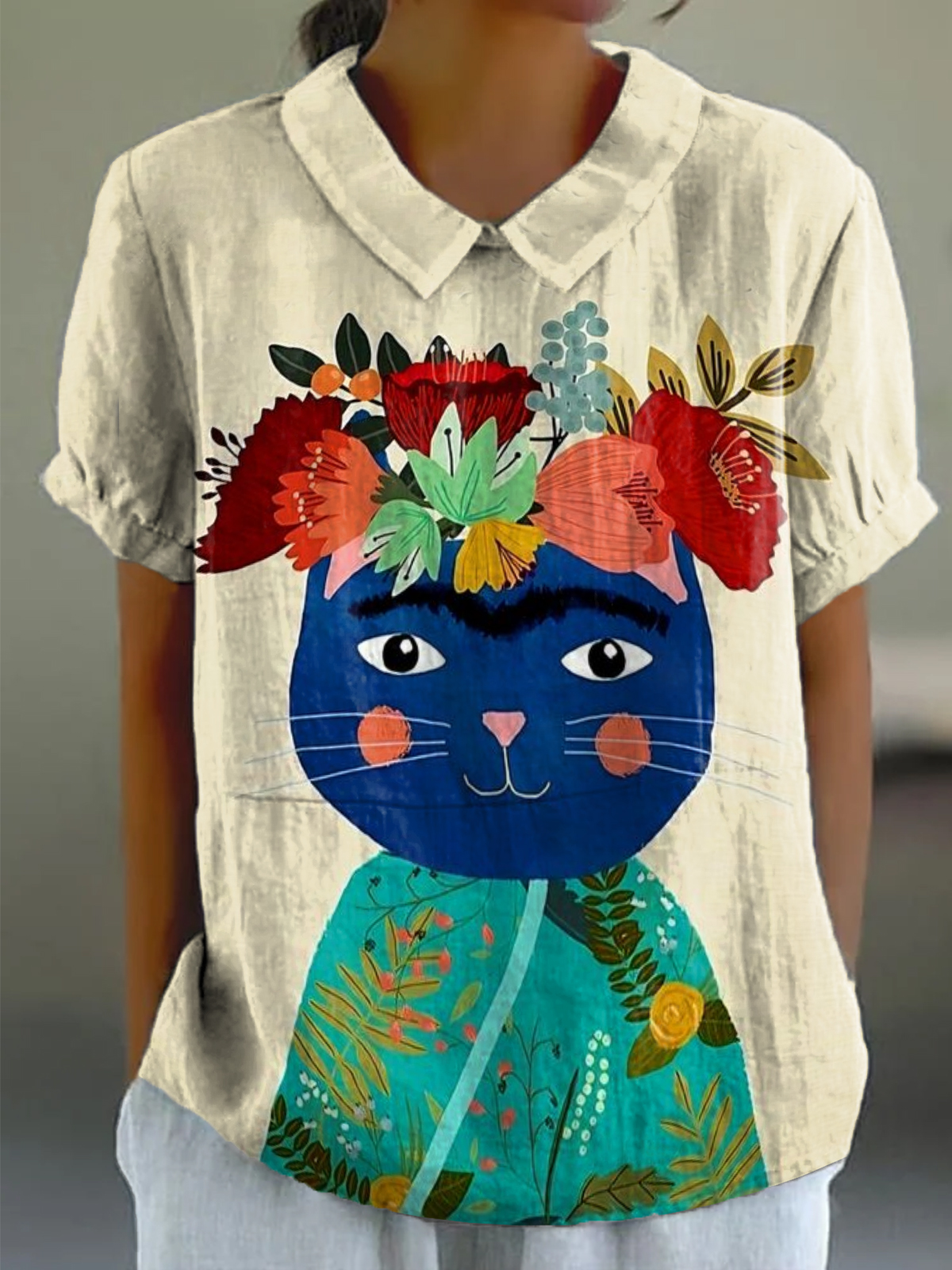 Women's Floral Cat Art Print Casual Cotton And Linen Short Sleeve Shirt