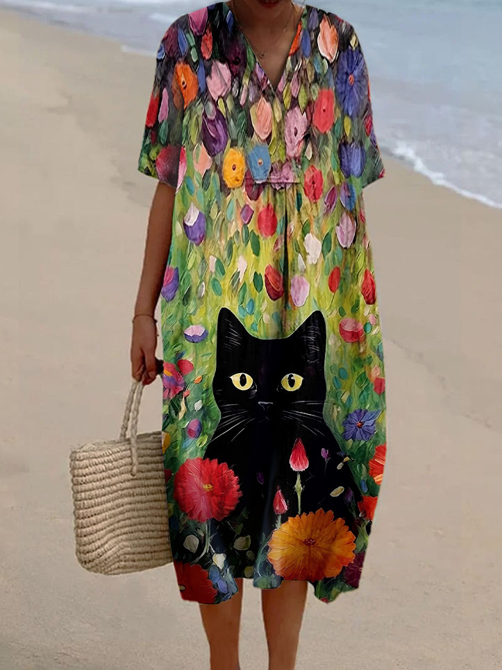 Women's Ombre Floral Cat Print Casual Cotton And Linen Dress