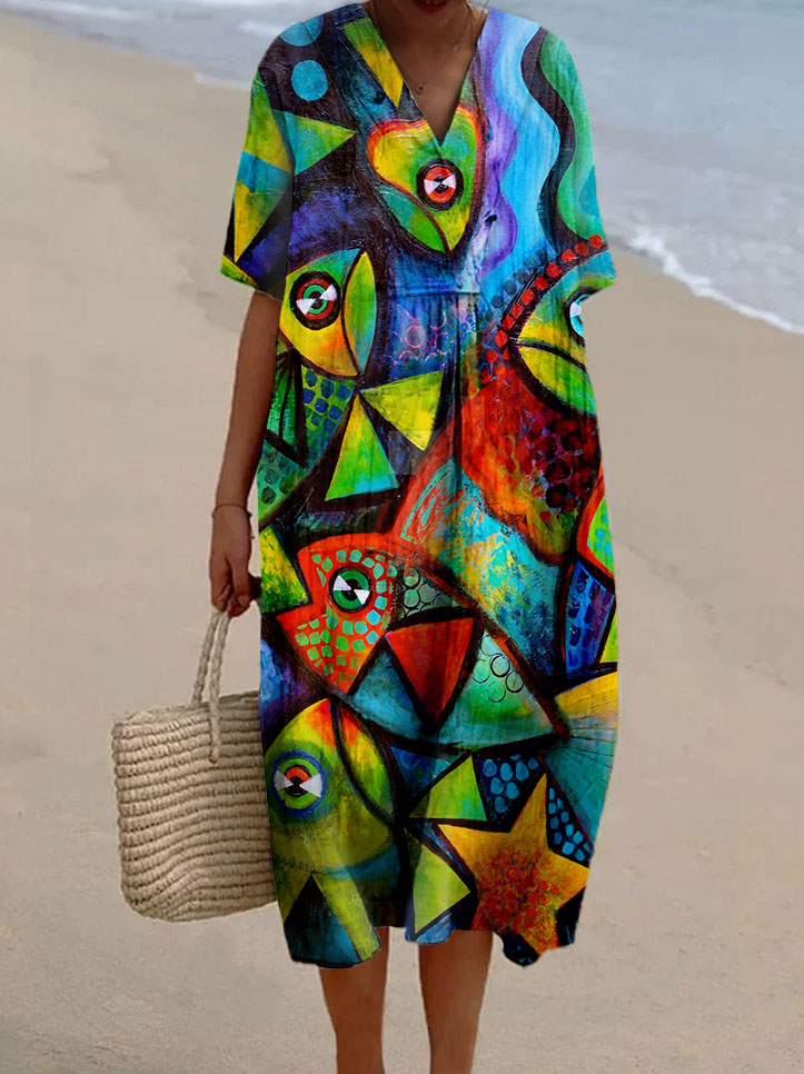 Women's Abstract Oil Painting Colorblock Fish Print Casual Cotton And Linen Dress