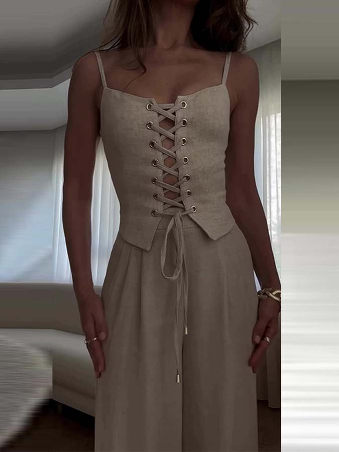 Suspender Drawstring Top and Pants Two-piece Set