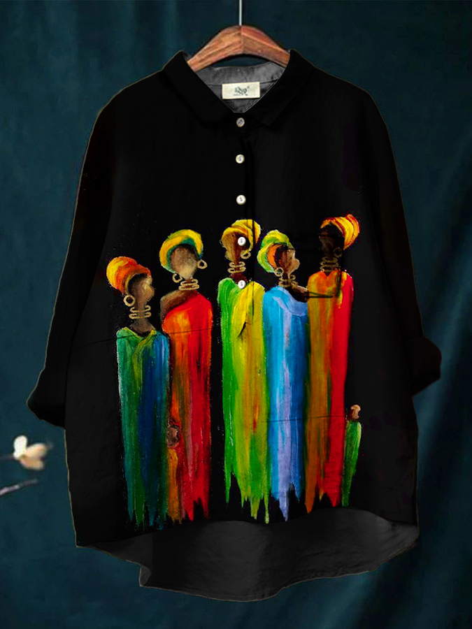 Women's Abstract Colorblock Print Casual Cotton And Linen Shirt