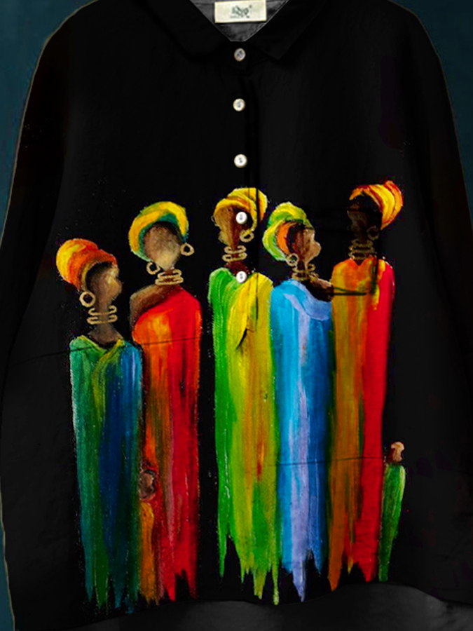 Women's Abstract Colorblock Print Casual Cotton And Linen Shirt