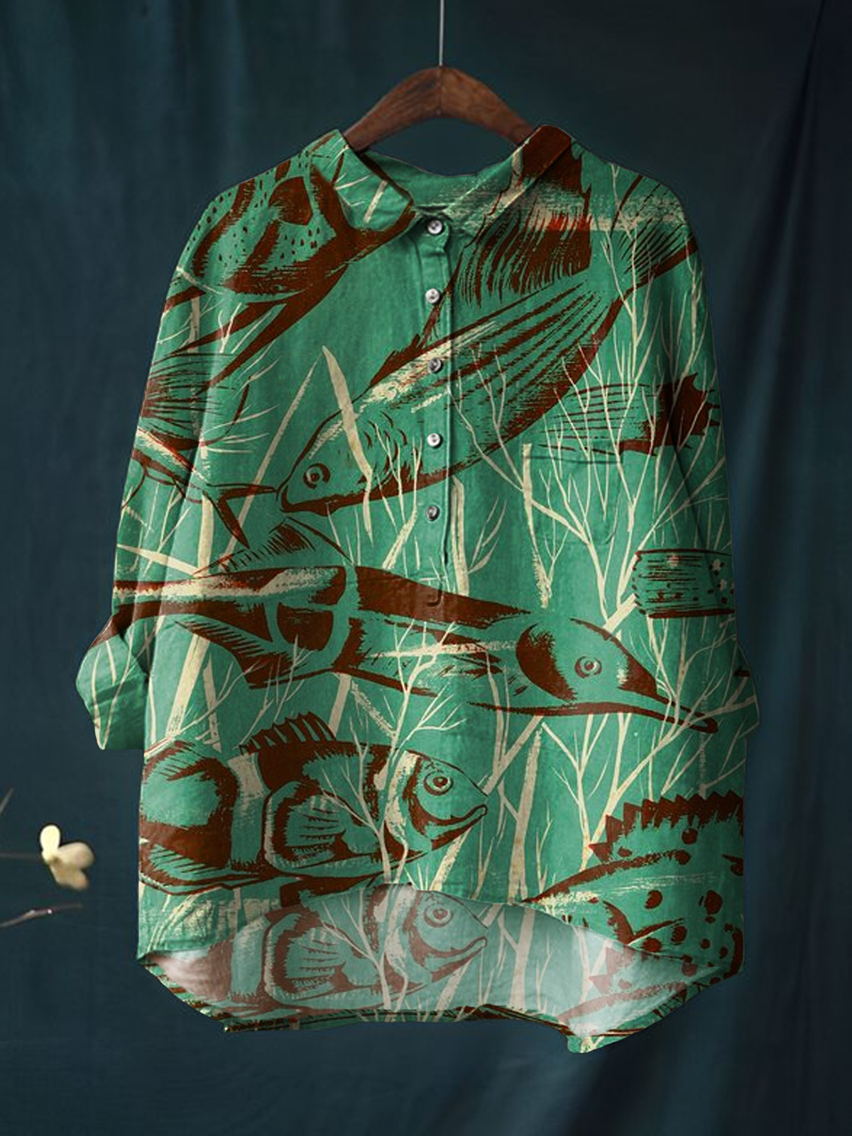 Women's Fish Art Print Casual Cotton And Linen Shirt