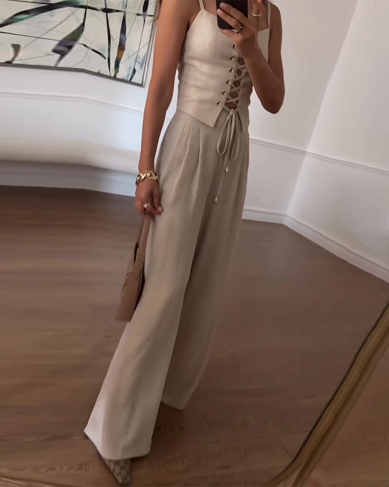 Suspender Drawstring Top and Pants Two-piece Set